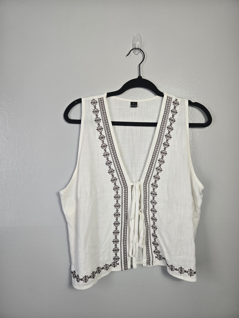 SHEIN White Linen Blend Embroidered Tie Front Crop Vest Top Sleeveless Size L